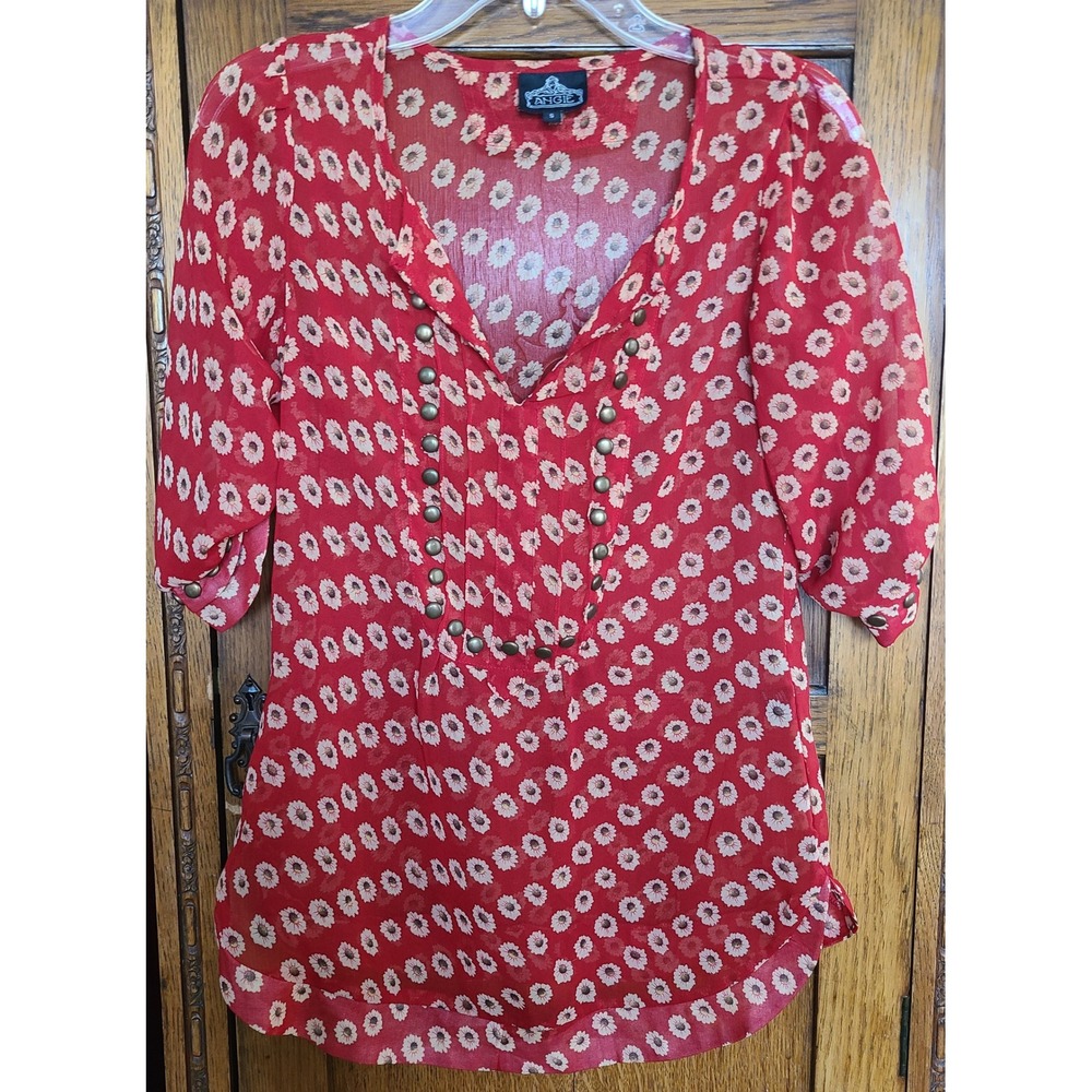 Angie Red Floral Studded V-Neck Blouse Sheer Boho Top Small